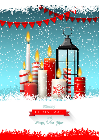 Christmas greeting card with group of candlesの写真素材
