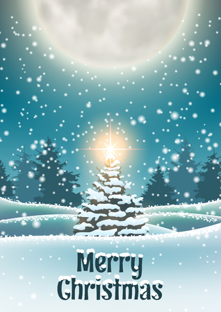 Christmas tree in snowy landscape with shinny star big moon in background, vector illustration, eps 10 with transparencyのイラスト素材