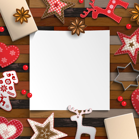 Christmas background with gingerbread and rustic ornamentsの写真素材