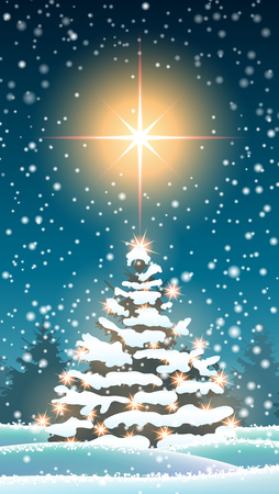 Christmas tree in winter landscape with big starのイラスト素材