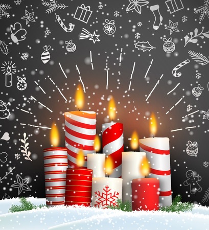 Christmas background with group of burning red and white candles on black background with chalk doodles, vector illustration, eps 10 with transparencyのイラスト素材