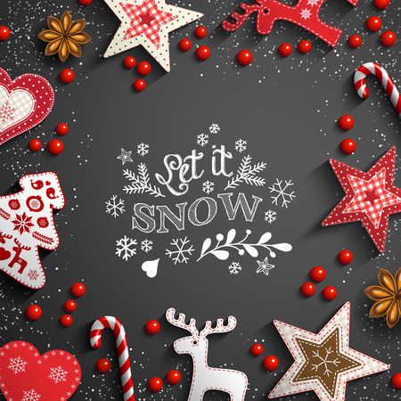 Christmas theme with white chalk doodles, rustic decorations and text Let it snow on black background, vector illustration, eps 10 with transparency and gradient mesh.のイラスト素材