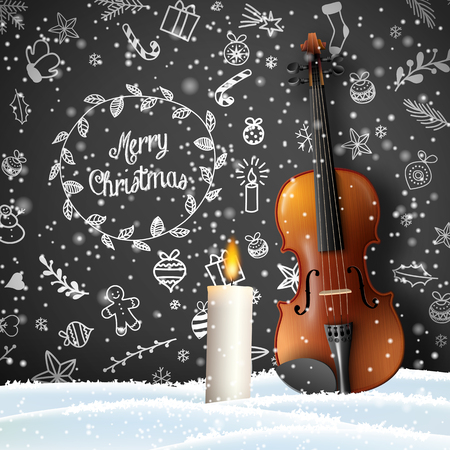 Christmas background with with violin, candle and white chalk doodles on blackboard background, vector illustration, eps 10 with transparencyのイラスト素材