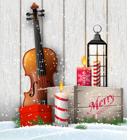 Christmas still-life, violin, rustic wooden box, old lantern, candles and gift box on white wooden background, vector illustration, eps 10 with transparency and gradient meshesのイラスト素材