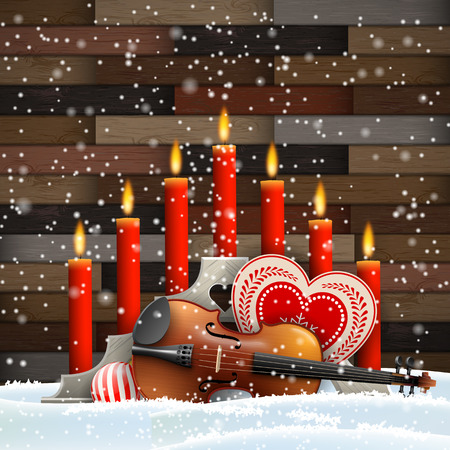Wooden Christmas candlestick with red burning candles, heart ornament and violin on parquet wooden background, vector illustration, eps 10 with transparencyのイラスト素材