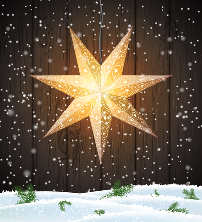 Swedish Christmas star, shining decoration on dark brown wooden background, vector illustration, eps 10 with transparency and gradient meshesのイラスト素材