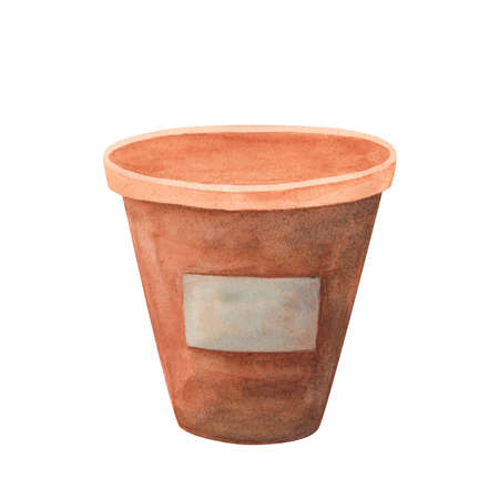 Watercolor flowers clay pot. Ceramic pots isolated on white. Illustration for flowers greeting card, design and logo for flower shopの写真素材