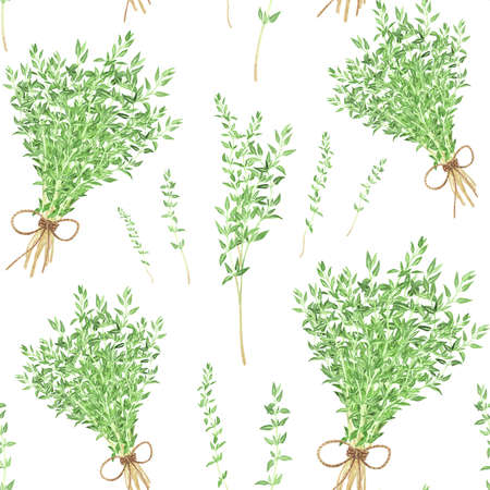 Bouquet fresh thyme seamless pattern on white background. watercolor hand drawing illustration. Art for decoration and design of printing, textiles, fabrics, wallpapers, paper and scrapbookの写真素材