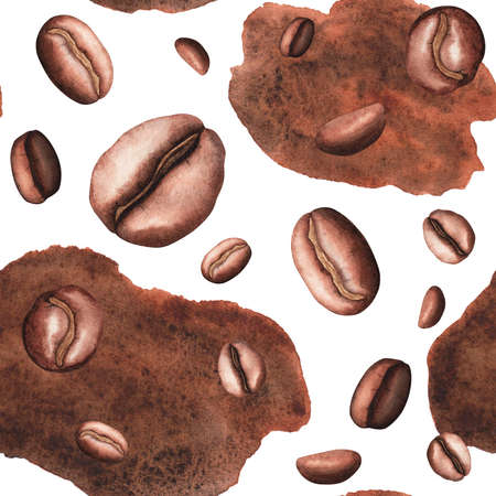 Coffee arabica roasted beans seamless pattern on white background. Watercolor hand drawing illustration. Art for designの写真素材
