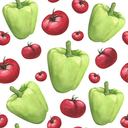 Ripe tomatoes, green bell pepper seamless pattern on white background. watercolor hand drawing illustration. Art for decoration, design of printing, textiles, fabrics, wallpapers, paper and scrapbookの写真素材