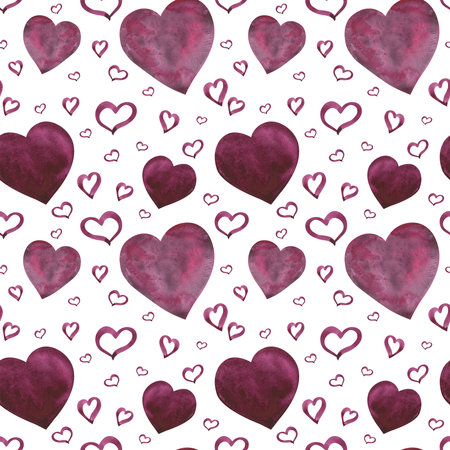 Watercolor heart shape pink color seamless pattern isolated on white. Watercolor hand drawn...