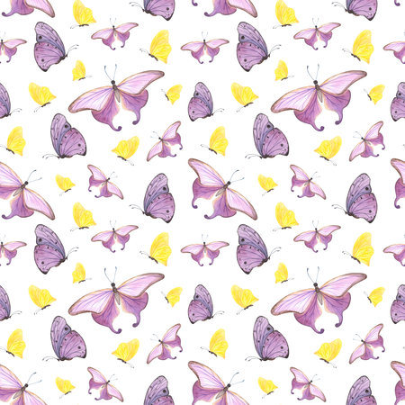 seamless pattern yellow, purple butterfly isolated on white. Watercolor hand drawn insect llustration for designの写真素材