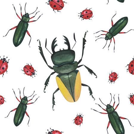 Seamless pattern realistic beetles insect isolated on white background. Watercolor hand drawn animal bugs llustrationの写真素材