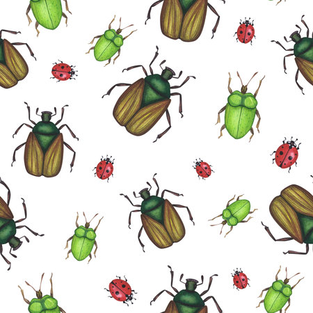 Seamless pattern Realistic beetles insect isolated on white. Watercolor hand drawn cetonia Chafer bug llustration designの写真素材