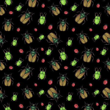 Seamless pattern Realistic beetles insect isolated on white. Watercolor hand drawn cetonia Chafer bug llustration designの写真素材