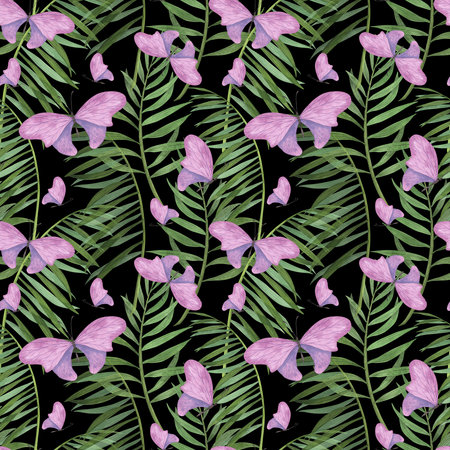 Seamless pattern tropic plants and butterfly watercolor isolated on white. Watercolor hand drawn botanical llustrationの写真素材
