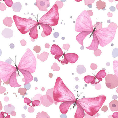 Seamless pattern pink butterfly with drops and splashes isolated on white background. Watercolor hand drawn for designの写真素材