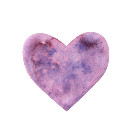 Watercolor heart shape violet isolated on white background. Hand drawn mystical sketch illustration for Valentines dayの写真素材