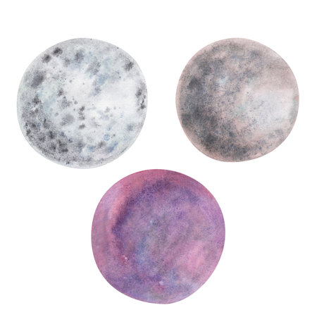 Full moon fantasy texture isolated on white background. Watercolor hand drawn magic moonlight illustration. Art designの写真素材