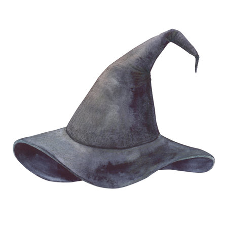 Witchs empty hat with magical texture isolated on white background. Watercolor hand drawn dark fantasy sketch iIllustration. Art design mystical halloween witch decoration, scary greeting cardの写真素材