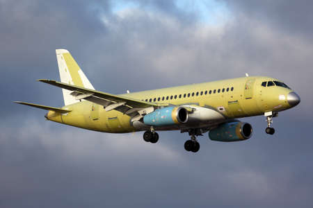 ZHUKOVSKY, MOSCOW REGION, RUSSIA - NOVEMBER 27, 2013: Sukhoi Superjet 100 perfoming test flight in...