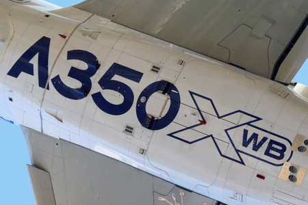 ZHUKOVSKY, MOSCOW REGION, RUSSIA - AUGUST 22, 2015: Airbus A350 perfoming demonstration flight in Zhukovsky during MAKS-2015 airshow, Moscow region, Russia.のeditorial素材