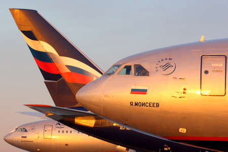 SHEREMETYEVO, MOSCOW REGION, RUSSIA - MAY 17, 2014: Line of Aeroflot Ilyushin IL-96 standing at...