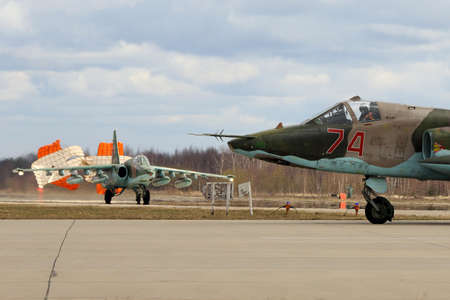 KUBINKA, MOSCOW REGION, RUSSIA - APRIL 24, 2017: Sukhoi Su-25BM attack airplanes of Russian air...