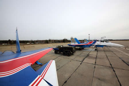 KUBINKA, MOSCOW REGION, RUSSIA - APRIL 21, 2017: Sukhoi Su-30SM 36 BLUE Russian Knights aerobatics team of Russian air force during Victory Day parade rehearsal at Kubinka air force base.のeditorial素材
