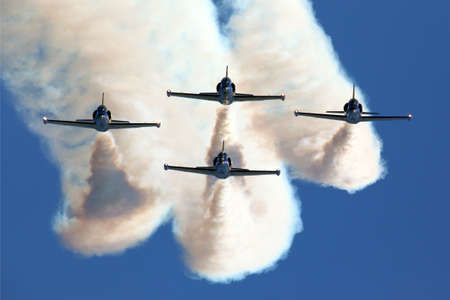 ZHUKOVSKY, MOSCOW REGION, RUSSIA - AUGUST 18, 2011: Rus aerobatics team on Aero L-39 airplanes at...