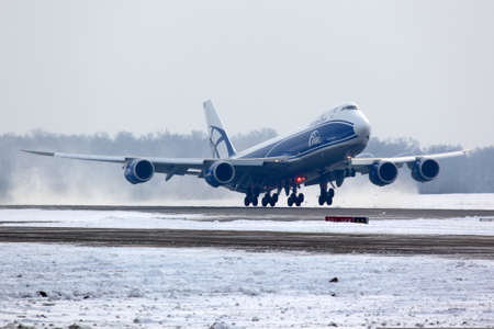 Domodedovo, Moscow Region, Russia - February 11 2012: Boeing B-747-800 VQ-BLQ of Air Bridge Cargo airlines taking off at Domodedovo international airport.のeditorial素材