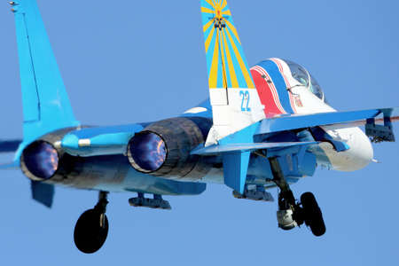 Kubinka, Moscow Region, Russia - August 21, 2014: Sukhoi Su-27UB 22 BLUE of russian knights...