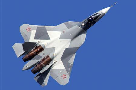 Zhukovsky, Moscow Region, Russia - August 20, 2011: Sukhoi T-50 PAK-FA 051 BLUE fifth generation jet...