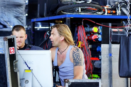 on 8 June ,the city of Samara,the rock - festival "Rock nad volgoi 2013", mounting and adjustment of the equipment before the performance of rock groups.のeditorial素材