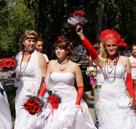 July 6, 2014, Beloretsk, Bashkortostan, Russia, as a sign of continuation of the great traditions held its annual public city festival  Parade of brides-2014  , was attended by 50 most charming brides  The celebration was accompanied by a theatrical perfoのeditorial素材
