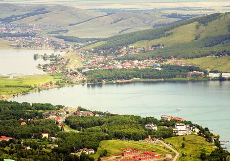 Panorama of the settlements located around the lake.の写真素材