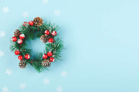 Christmas wreath. Traditional holiday decoration. Winter holidays and Christmas celebration concept. Top view, copy space, flat layの写真素材