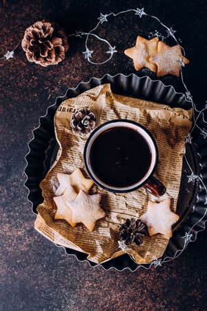 Hot Christmas Drink. Holiday beverage Cacao or Chocolate with marshmallow and Cookies Shape Star. Stone Background, Copy space, Top Viewの写真素材