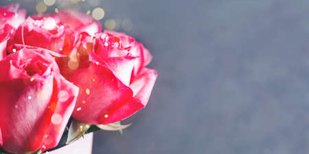 Valentine's day greeting card with pink rose flowers bouquet. Happy Valentine's Day Holiday Concept. Banner for website. Place for textの写真素材