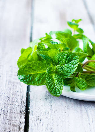 Green fresh mint on the wooden table. Copy space