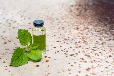 Natural Mint Essential Oil. Bottle of mint oil and fresh mint on a old metal background. Copy spaceの写真素材
