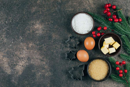 Christmas Bakery Concept. Gingerbread raw dough for Christmas cookies. Happy New Year 2019. Top view