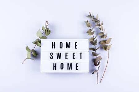 Home Sweet Home Text Light box letters with eucalyptus flower on grayの写真素材