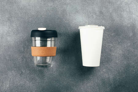Takeaway coffee cup and disposable paper cup with plastic lid. Conscious choice. Reusable, zero...