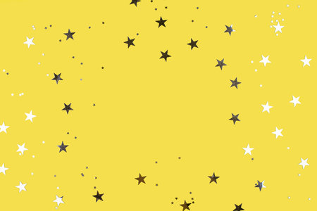 Yellow illuminating and Gray background. Flat lay, top view. Lightbox with text Color of year