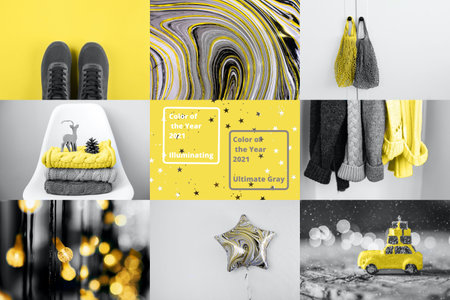 Yellow illuminating and Gray background. Flat lay, top view. Lightbox with text Color of yearの写真素材