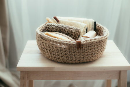 Woman folding clothes in jute basket in the konmari system. Concept of organizing minimalism clothes.の写真素材