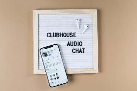 Astana, Kazaakhstan - February, 17, 2021: Social application on the smartphone - Clubhouse. New trendのeditorial素材