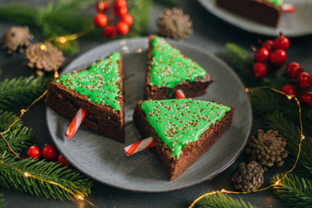 Green christmas sweet tree made from chocolate brownie. Christmas fun food. Cute idea for kids for christmas dessertの写真素材