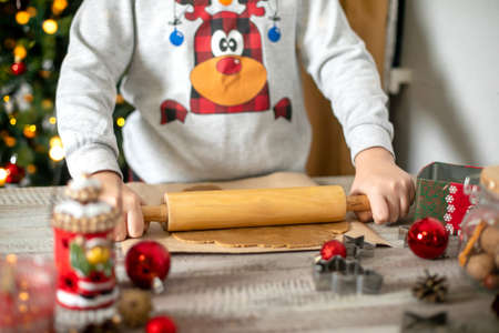 Preparation of festive christmas gingerbread cookies. Raw dough, cutting cookie and holiday decorationの写真素材